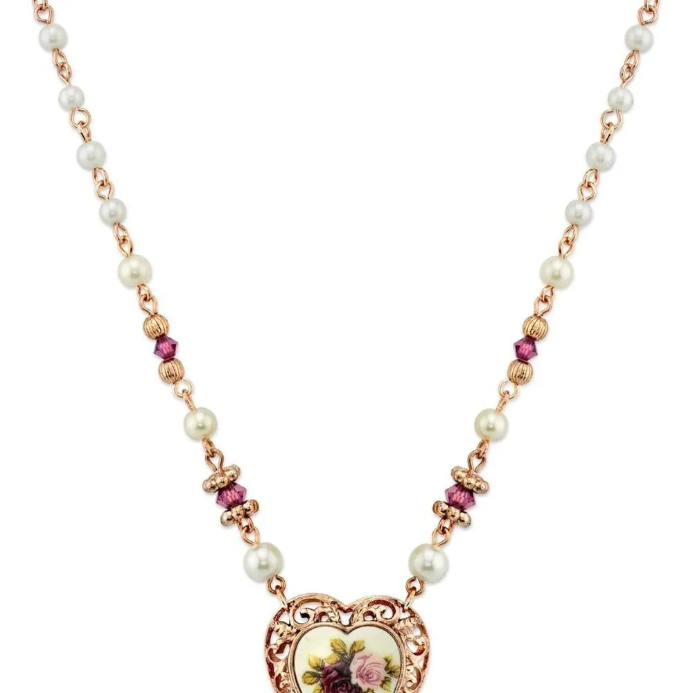 Vintage Faux Pearl Necklace Purple Flowers Heart Pendant 15" + 3" Extender